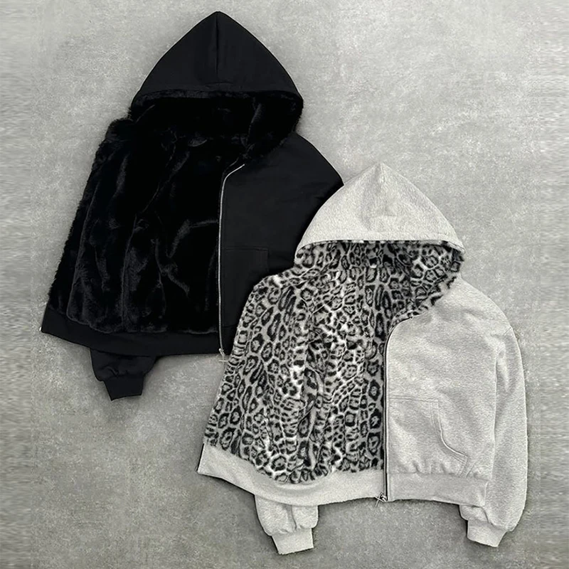 Vintage Leopard Print Hoodie Y2K Super Zipper Jacket Women's Punk Rock Coat Harajuku Street Gothic Trash Aesthetic Sweater