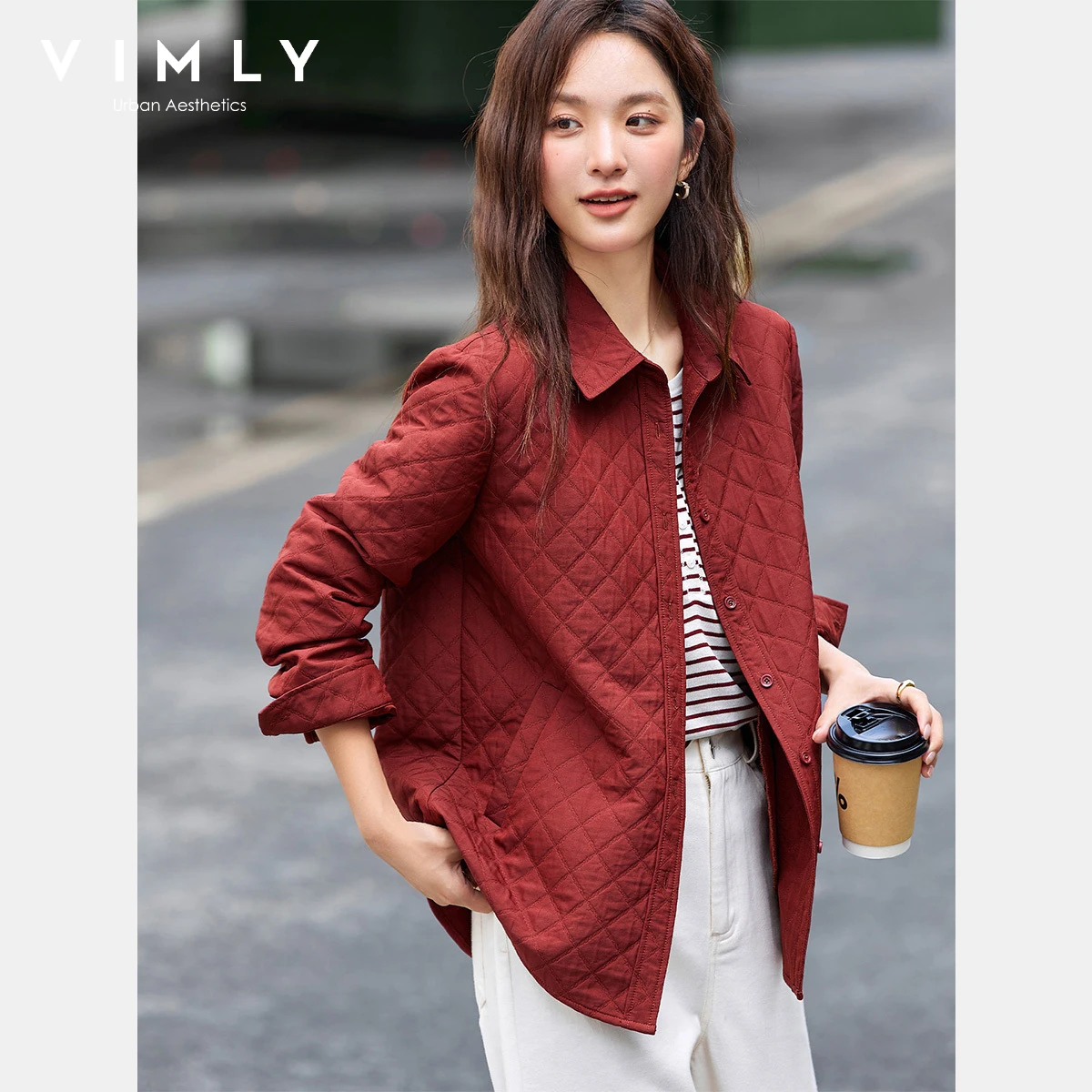 VIMLY レッドジャケット 秋 2025 アメリカンレトロ レディース 暖かい ダイヤモンド柄 キルティングジャケット ポロネック 長袖 レディースコート A2775