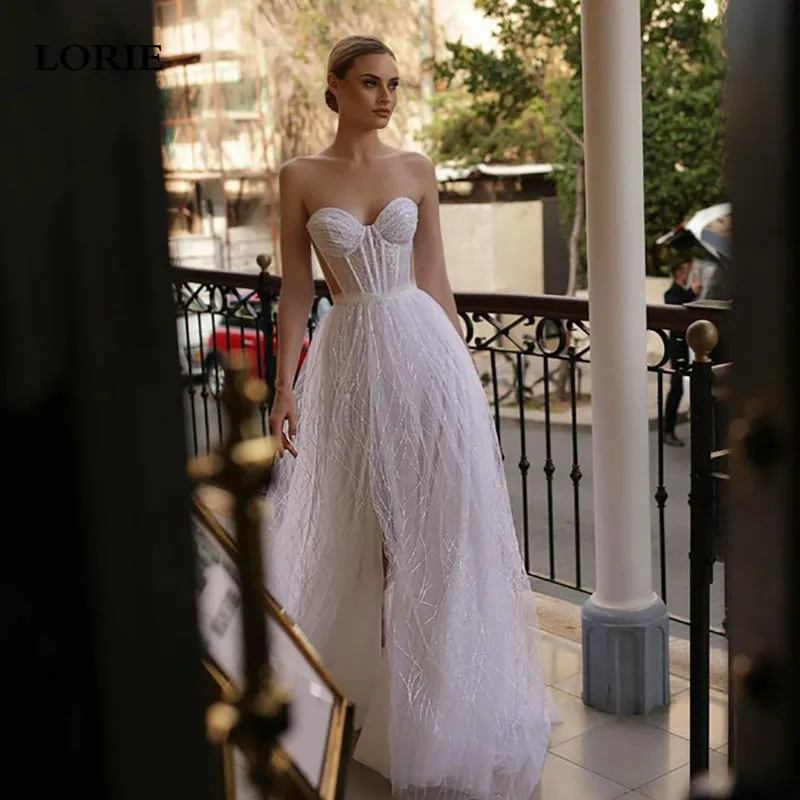 

LORIE Corset Ivory Sparkling Lace Wedding Dresses A Line Strapless Bride Dress Side Split Sweetheart Neck Wedding Gowns 2024