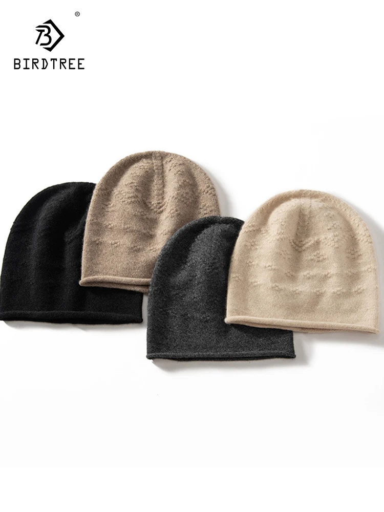 BirdTree, 100%Pure Cashmere Knitted Hats, Women Men 2024 Autumn Winter New, Fashion Thicken Versatile OL Warm Head Cap A48912QC