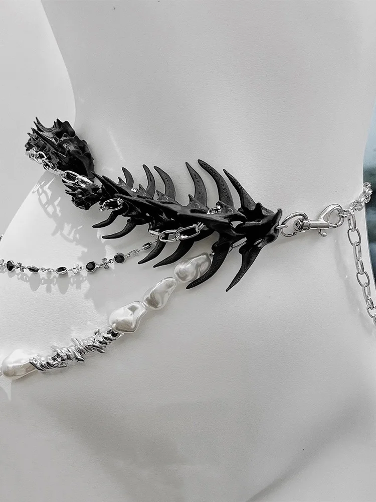 ZHUHE سلسلة الخصر اللؤلؤية للعمود الفقري على الطراز القوطي الجديد هي إكسسوار مجوهرات للرجال والنساء كهدية للحفلات