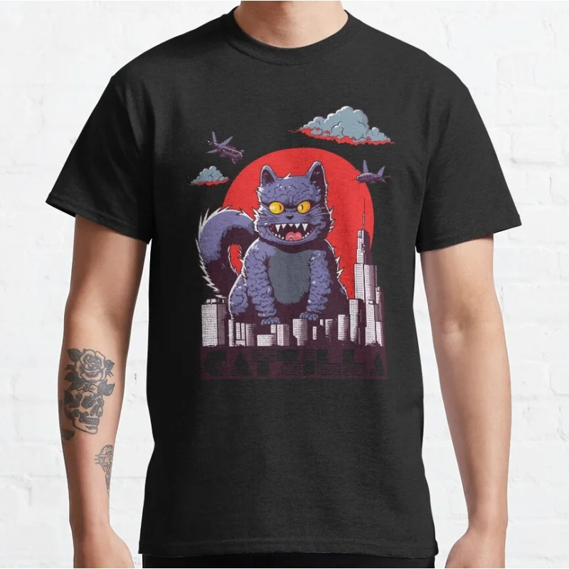 

0809 Catzilla Retro King of Monster Gift t shirt for Cat Lover Cute kitty Graphic tee Short Sleeve y2k clothes All size tops