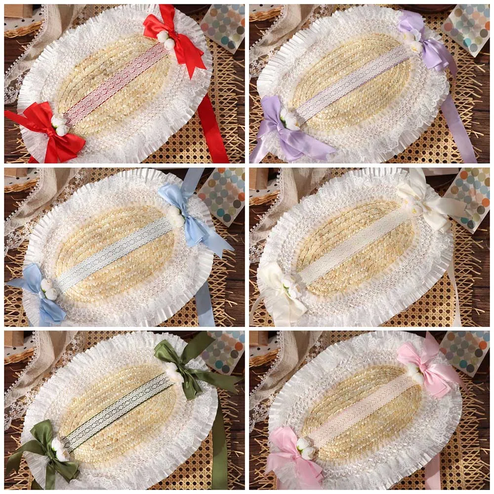 Elegant Lace Lolita Bonnet Pastoral Style Flat Top Lolita Straw Hat French Sun Protection Bow Ribbon Flower Cap Beach Vacation