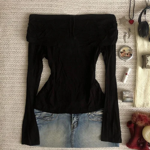 Imagen 1 del producto Camisetas sexis Punk Y2k de manga larga, Top de un hombro, jersey gótico Harajuku, ropa de calle, camiseta de bebé de Hip Hop, Top de moda Retro