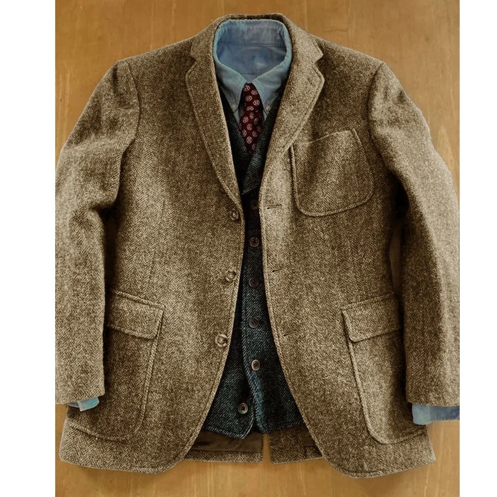 Blazer para hombre en espiga, chaqueta ajustada con una botonadura, traje con cuello y bolsillos con solapa, moda informal, elegante y cómoda 2024