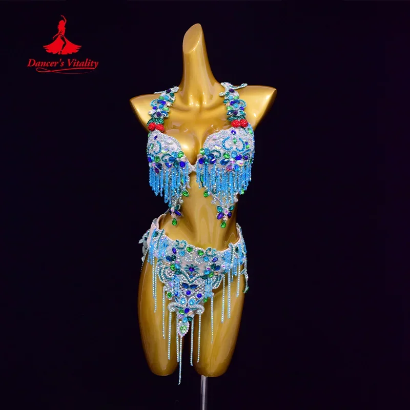 Belly Dance Performance Suit for Women Senior AB Stones Bra+Rhinestone Tassel Belt 2pcs Customized Oriental Belly Dancing Outfit