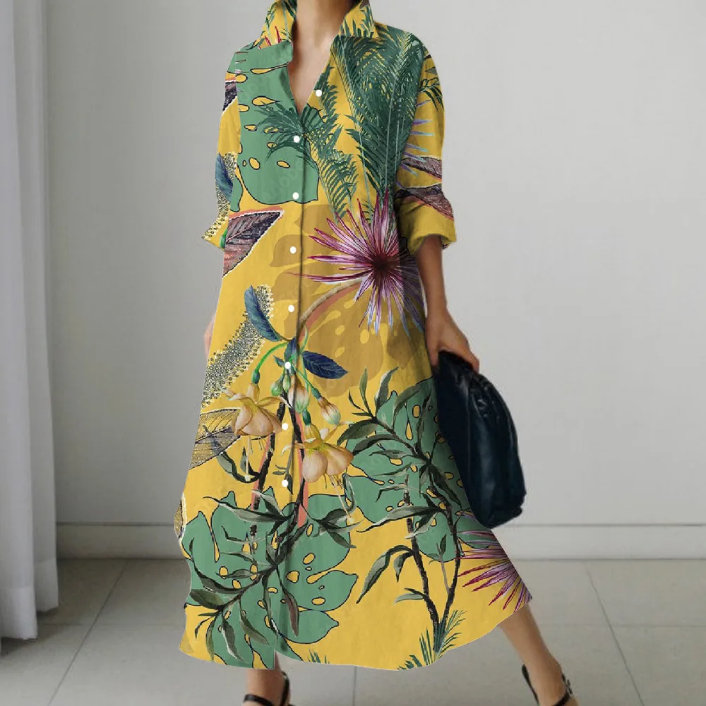 2024 Autumn Fashion Banana Leaf Print Elegant Long Sleeve Shirt Dress Street Fashion Lapel Maxi Skirt Loose And Comfortable