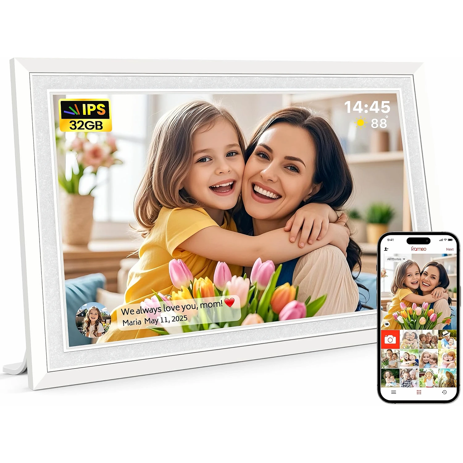 Cadre photo numérique 10,1 pouces, cadre photo numérique intelligent WiFi avec écran tactile IPS HD 1280x800, mémoire 32 Go, rotation automatique, montage mural