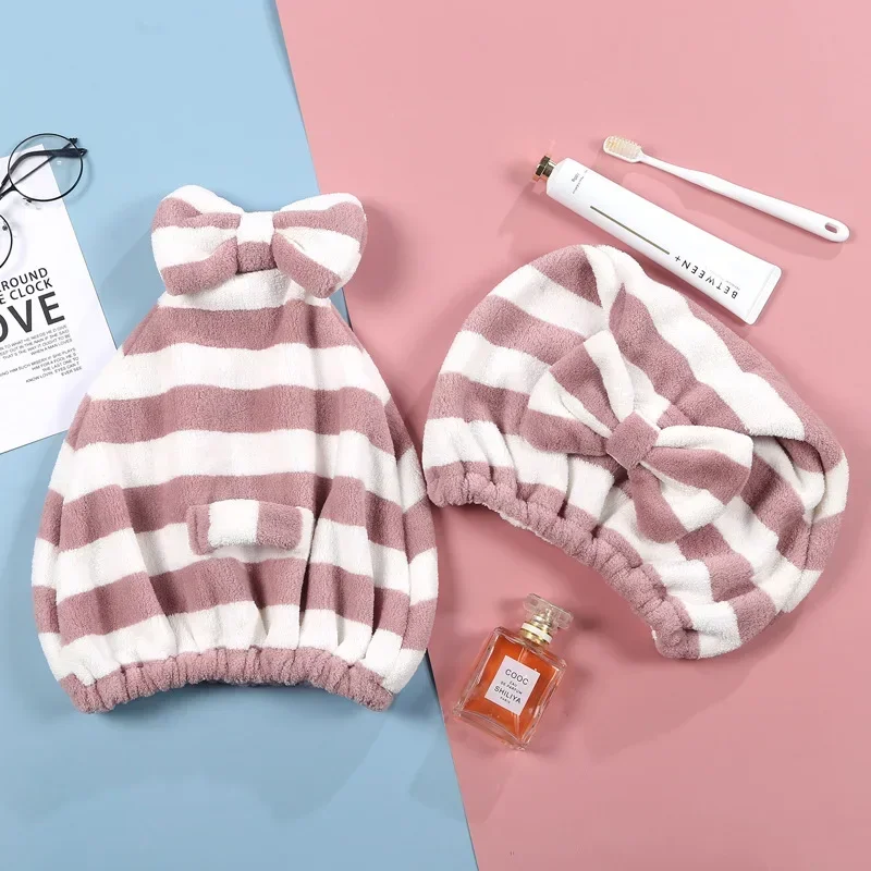 Women's Coral Velvet Dry Hair Cap Water-Absorbent Quick-Drying Striped Shower Towel Bow Princess Style Hair Accessory