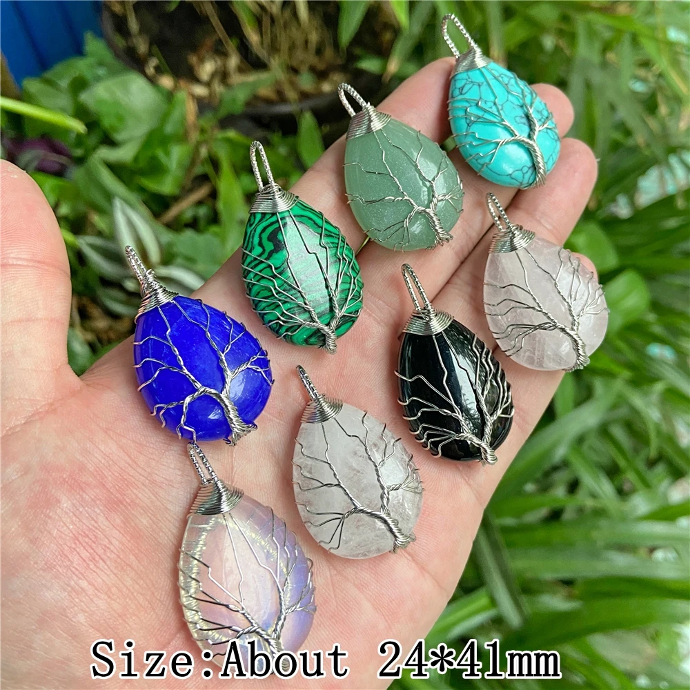 1Pc Water Drop Shape Natural Stone Pendant Handmade Life Tree Charm Pendants Gold Silver Color Wire Wrap Pendant for DIY 24x41mm