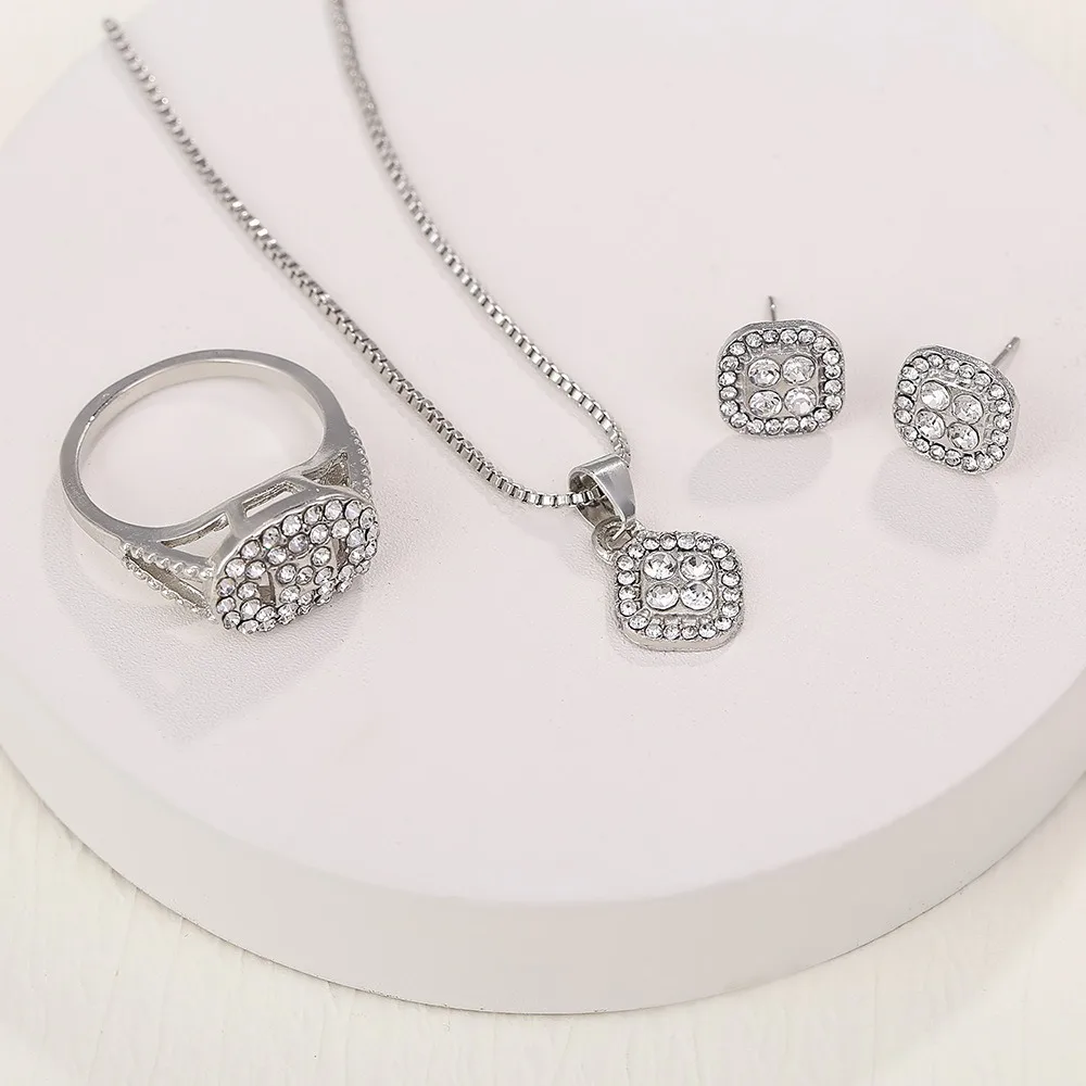 3pcs Set Trendy Luxury 925 Sterling Silver Glittering Zircon Crystal Square Pendant Necklace Earring Ring for Women Jewelry Sets