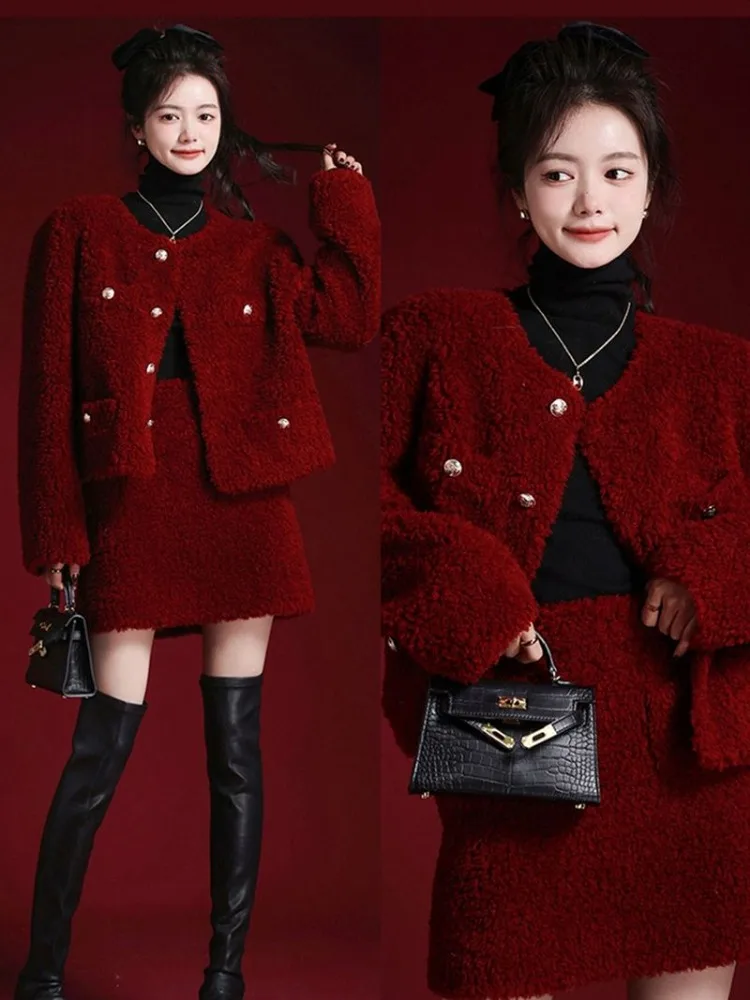 Insozkdg Autumn Winter Suit Women Elegant Tweed Fashion Edge Single Row Buckle Short Coat High Waist Skirt Two-piece Set Female