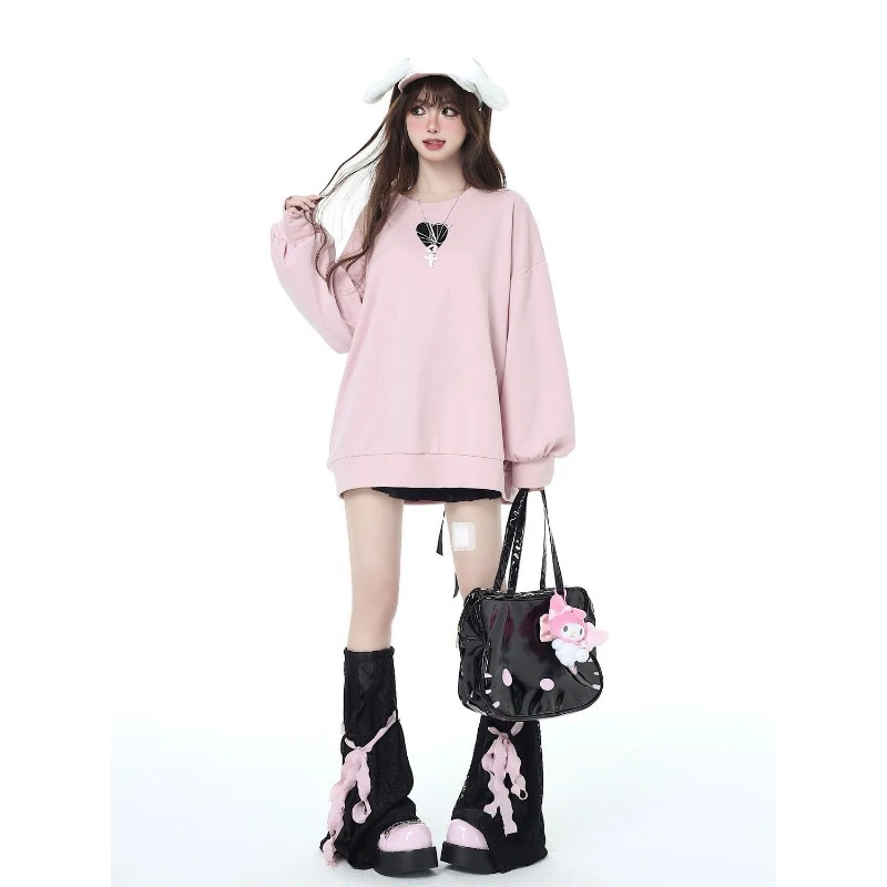 Y2k Bandage Vintage Bow  Tops Women Loose Harajuku Long Sleeve O Neck Hoddies Preppy Korean All Match Sweatshirts