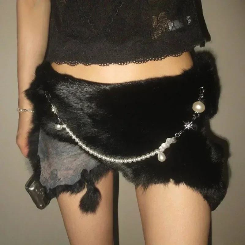 Black Rabbit Fur Belt Y2K Pearl Chain Furry Fur Sexy Vintage Cowgirl Belts Gothic Punk Star Waistband Jeans Night Club Accessory