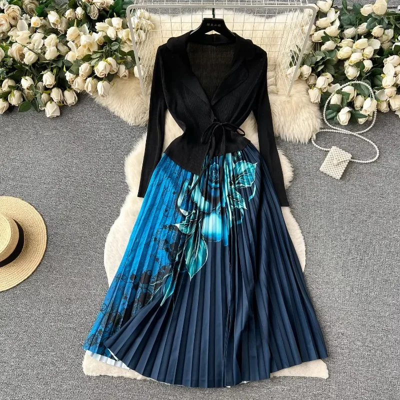 

Элегантное лоскутное бандажное платье в стиле ретро с v-образным вырезом и принтом, плиссированное платье трапециевидной формы с длинным рукавом, повседневное женское платье из двух частей с высокой талией