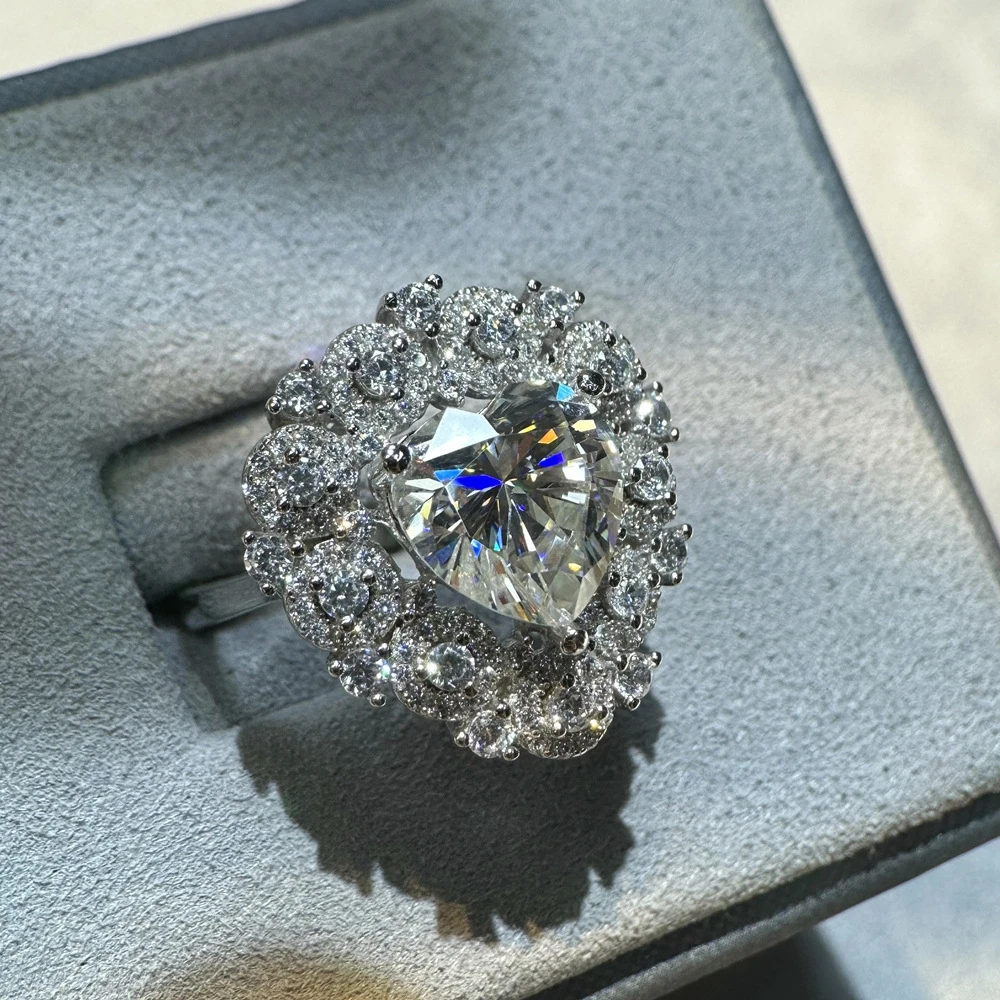 Vinregem 3EX VVS1 D Color 10*10 MM Heart Cut Real Moissanite Diamond Cocktail Party Women Ring 925 Sterling Silver Fine Jewelry