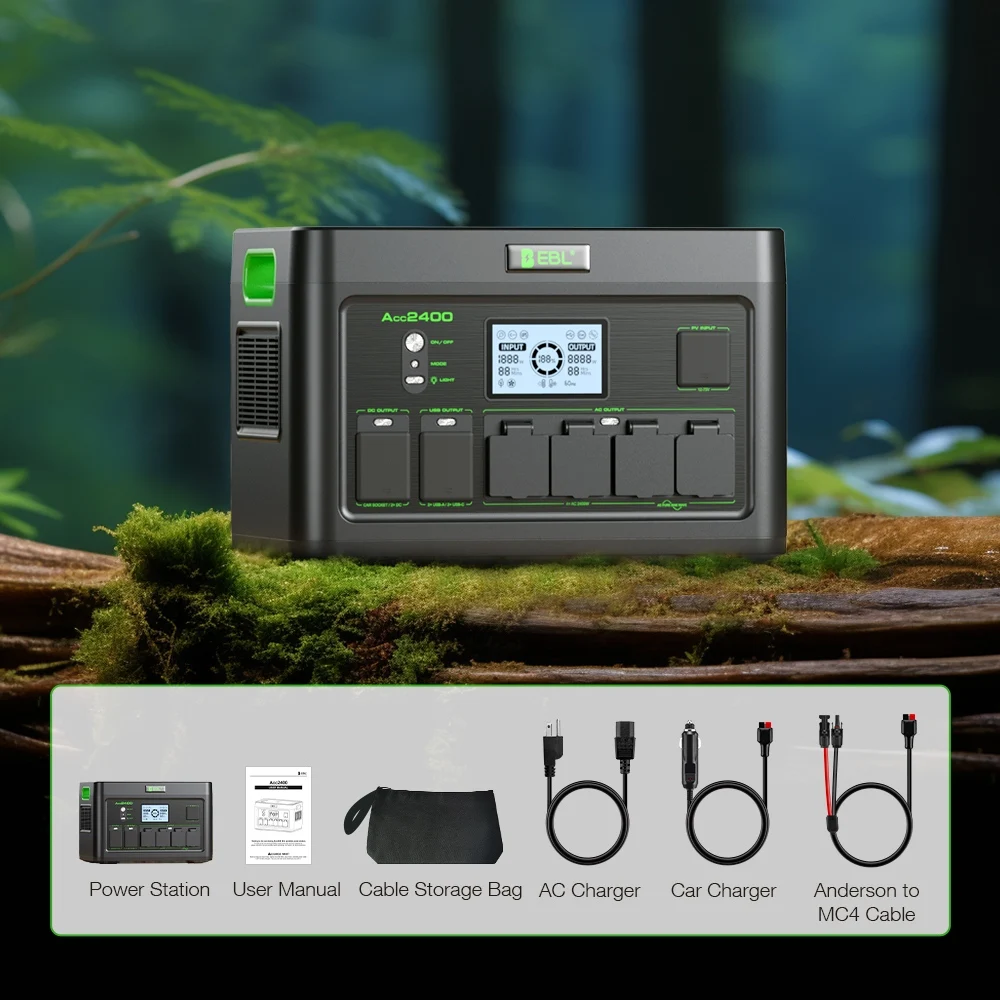 EBL 2400W Portable Power Station – 1843Wh LiFePO4 Solar Generator, 1.6H Ultra-Fast Recharge, 12 Output Ports (4×120V AC Pure Sine Wave), 4800W Peak, Backup for Home/RV/Camping/Off-Grid