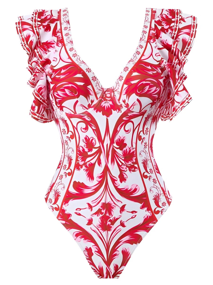 2023 Ruffle Push Up Swimwear Women One Piece Floral Swimsuit Vintage Bather Bathing Swimming Swim Suit Beachwear Summer Bodysuit