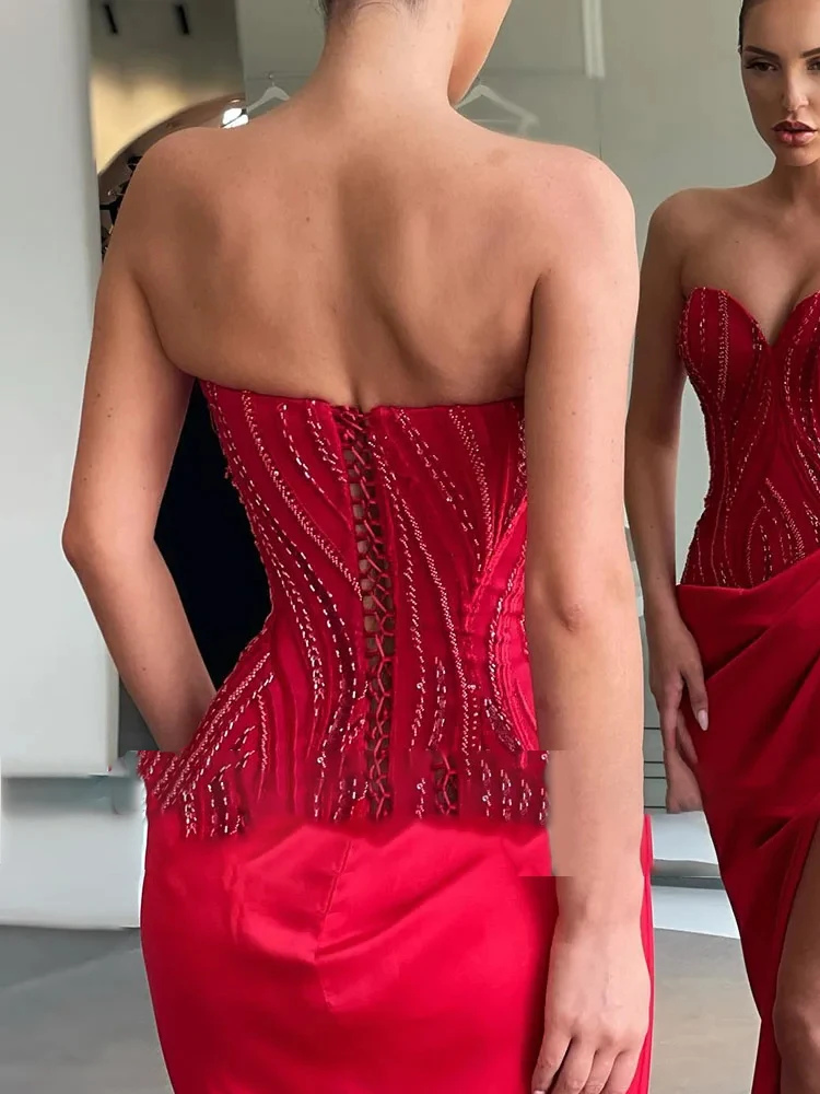 Vestidos De Noche rojos sin tirantes personalizados, vestido De baile sin mangas con cuentas sexys De lujo, vestido De fiesta elegante, batas De Soirée Retro 2024