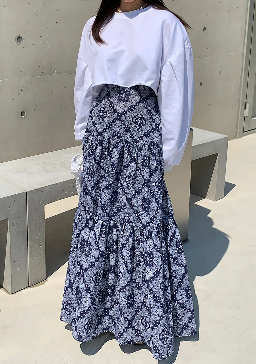 

n Юбка трапециевидной формы с цветочным принтом и высокой талией, эластичная талия, этническая длинная юбка f-длины, корейская юбка для поездок на работу