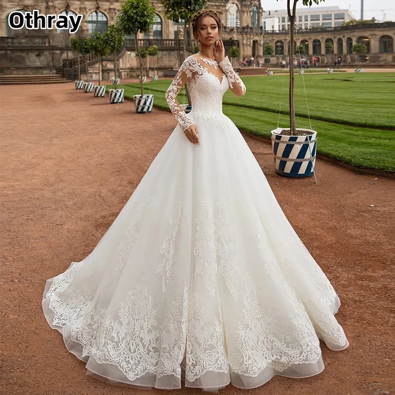 Othray klassische lange Ärmel Brautkleider a-Linie Brautkleider Knöpfe Applikationen Tüll Roben für formelle Party Vestidos de Novia