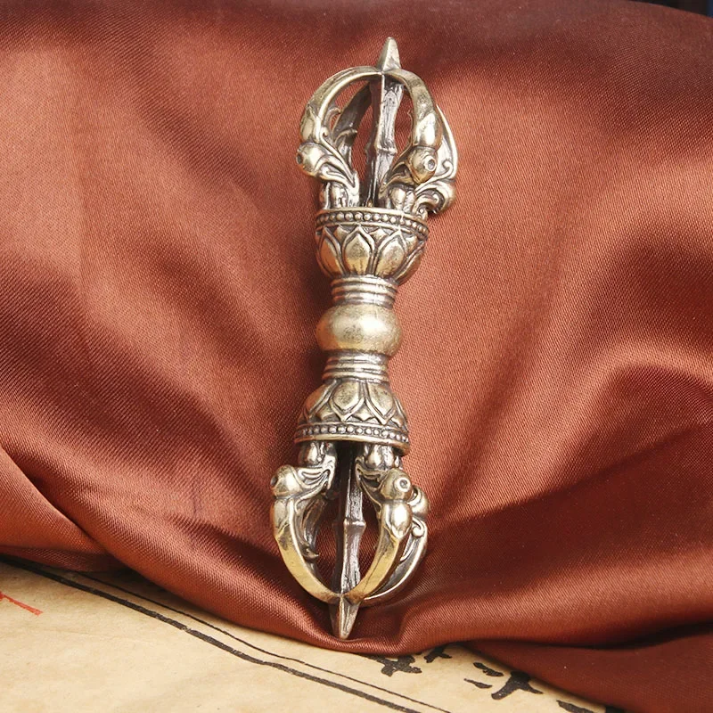 88mm Vintage Brass Vajra Tibetan Monster Subduing Club Hand Pieces Religious Dharma-Vessel Collectible Artsy Object Bronze