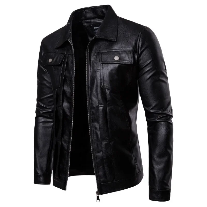 

Байкерская кожаная куртка, однотонная куртка с воротником-поло и карманом, осень-зима, новое мужское кожаное пальто с вышивкой, повседневное тонкое пальто