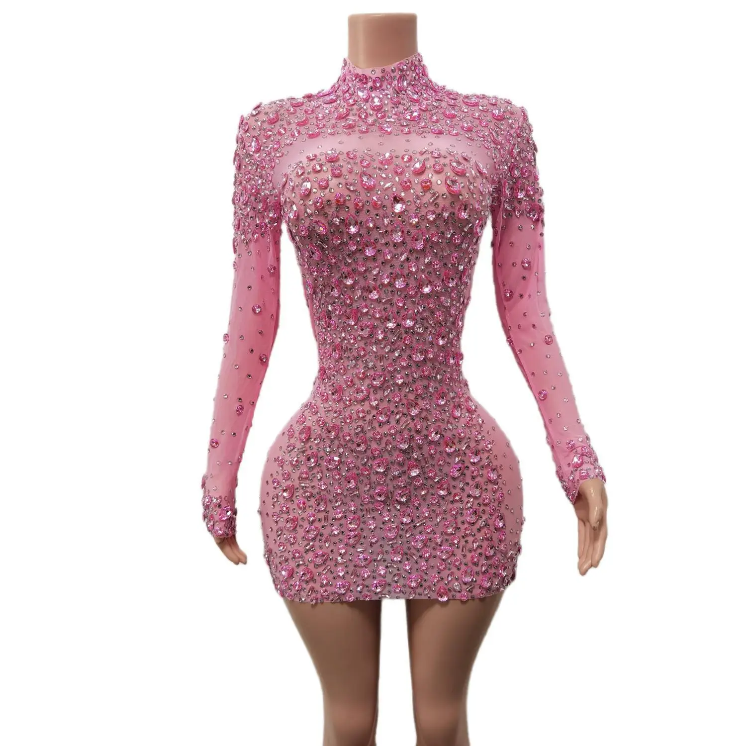 

Ladies' party, birthday celebration, party costume, sexy dance, pink dress performance, shiny pink rhinestone dress