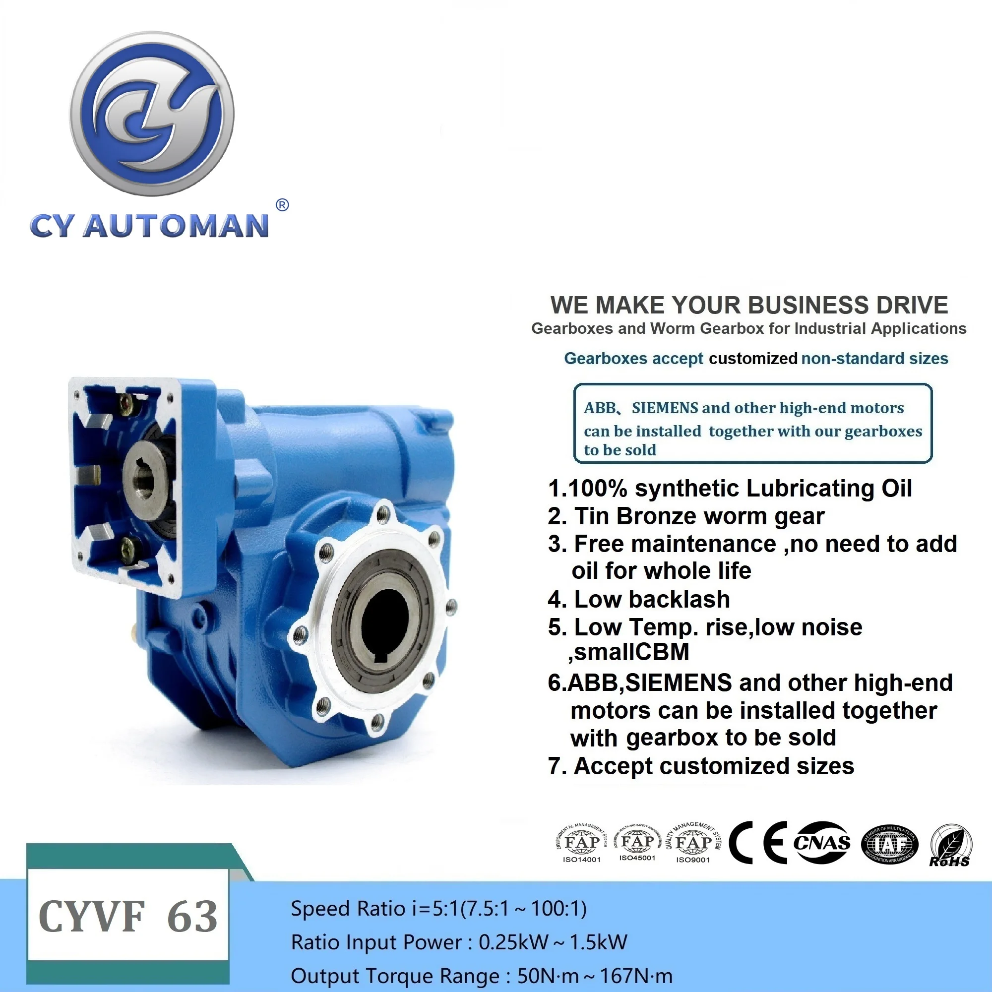 

CY Automan Speed reducer Worm Gearbox CYVF 63 Input 14/19/22/24mm Output 25mm Ratio 5:1/100:1 CNC Gearbox Speed Reduction