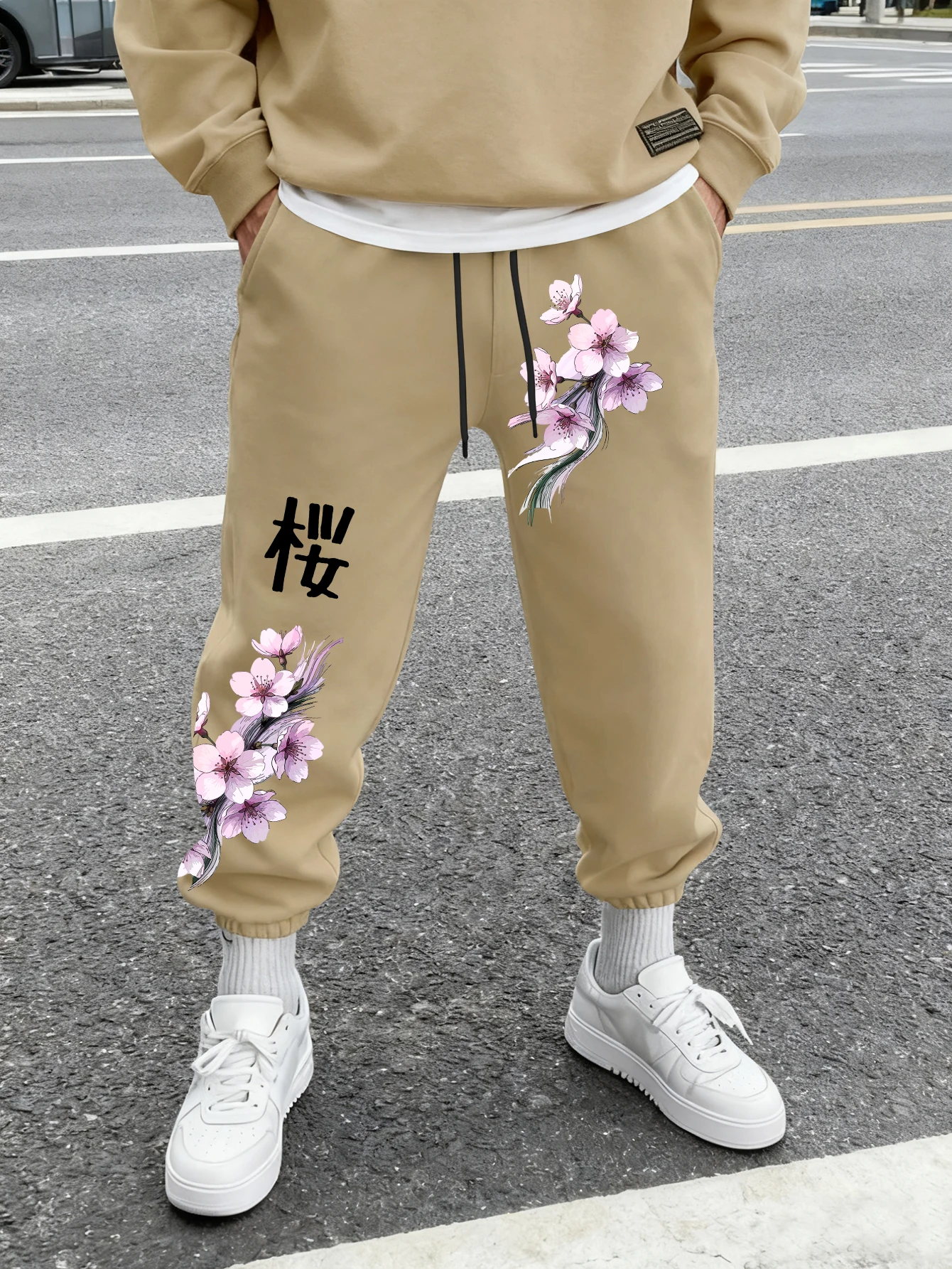 Men Jogger Sweatpants Japanese Kanji Sakura Cherry Blossom Side Print Drawstring Elastic Cuff Streetwear Trousers
