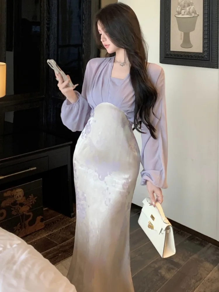 

Women Autumn and Stylish Printed Midi Party Dress Long Sleeve Vintage Mermaid A-Line Casual Birthday Dress Female Clothing New