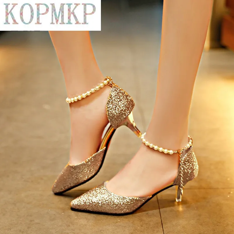 Sexy Pointed Toe Pearl wysokie obcasy buty kobiece moda Hollow z sandałami błyskotka cienkich oddychających butów kobiet pompy