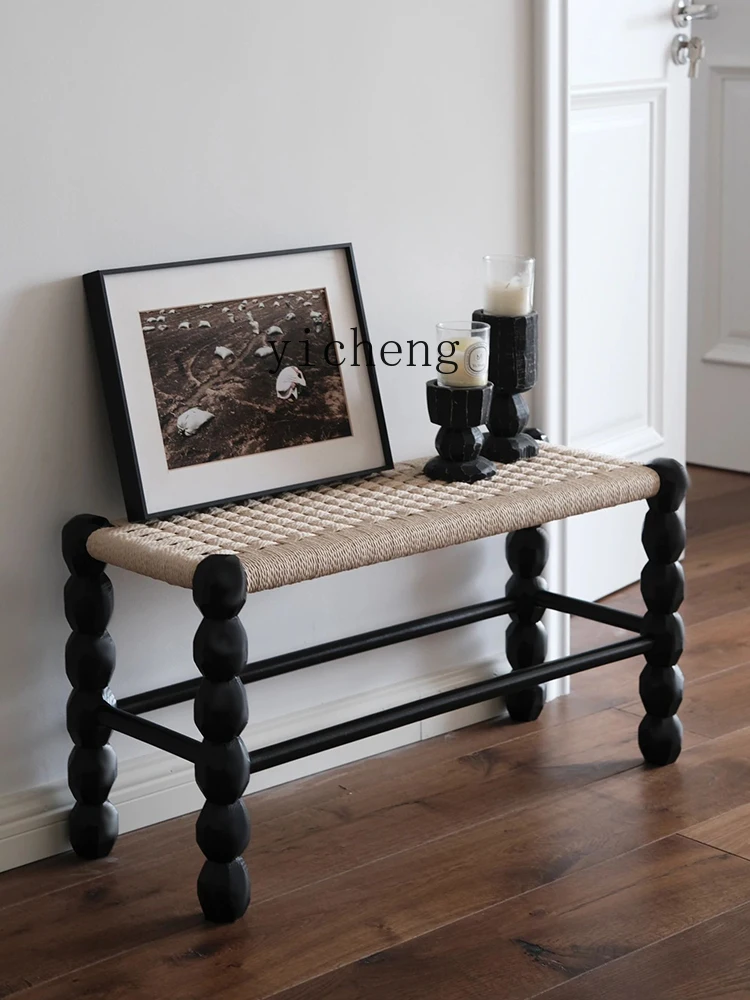 TQH ancient wood rattan woven wear shoe change stool very narrow long strip low stool children comb makeup stool at the entrance