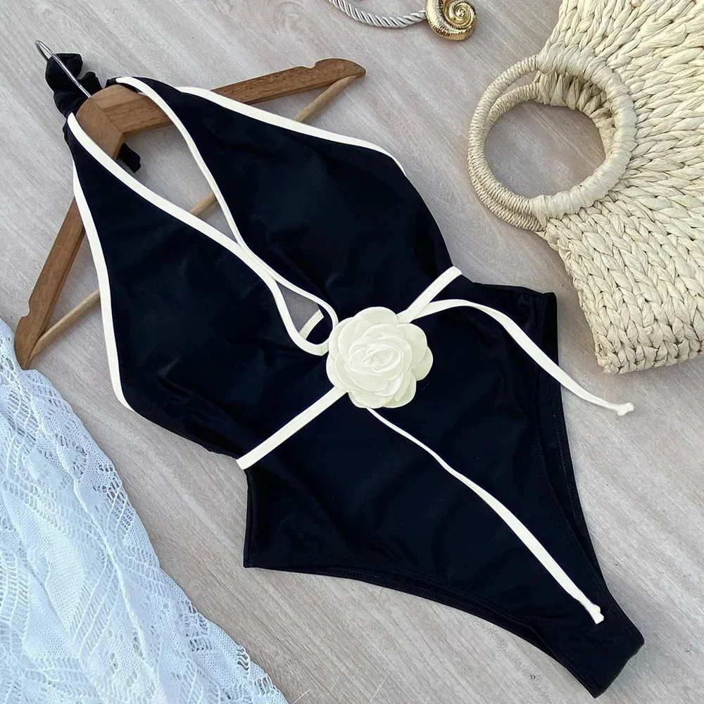 2025 New Halter Bandage Swimwear Women Swimsuit Bathing Suit Beachwear Monokini Female Swimming Suits Floral One Piece Swimsuit