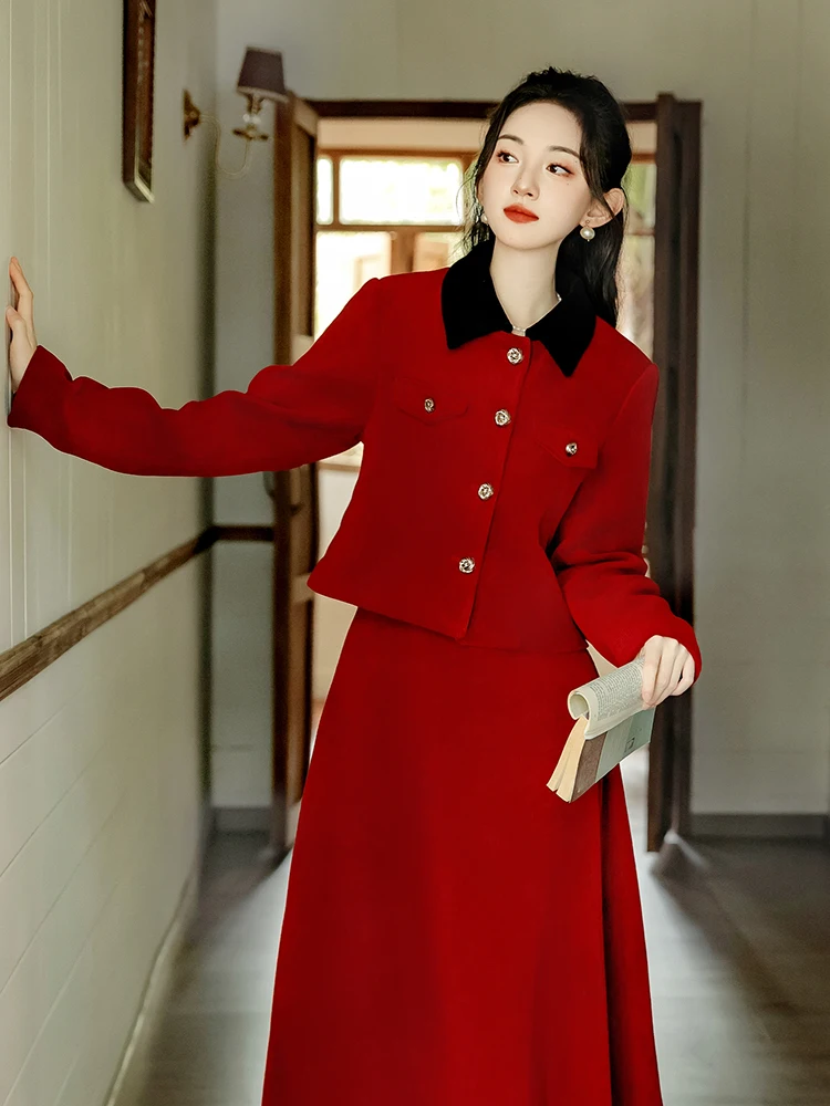 Conjunto rojo ajustado de dos piezas para mujer, abrigos cortos elegantes, Tops cortos con falda larga de cintura alta, Otoño e Invierno