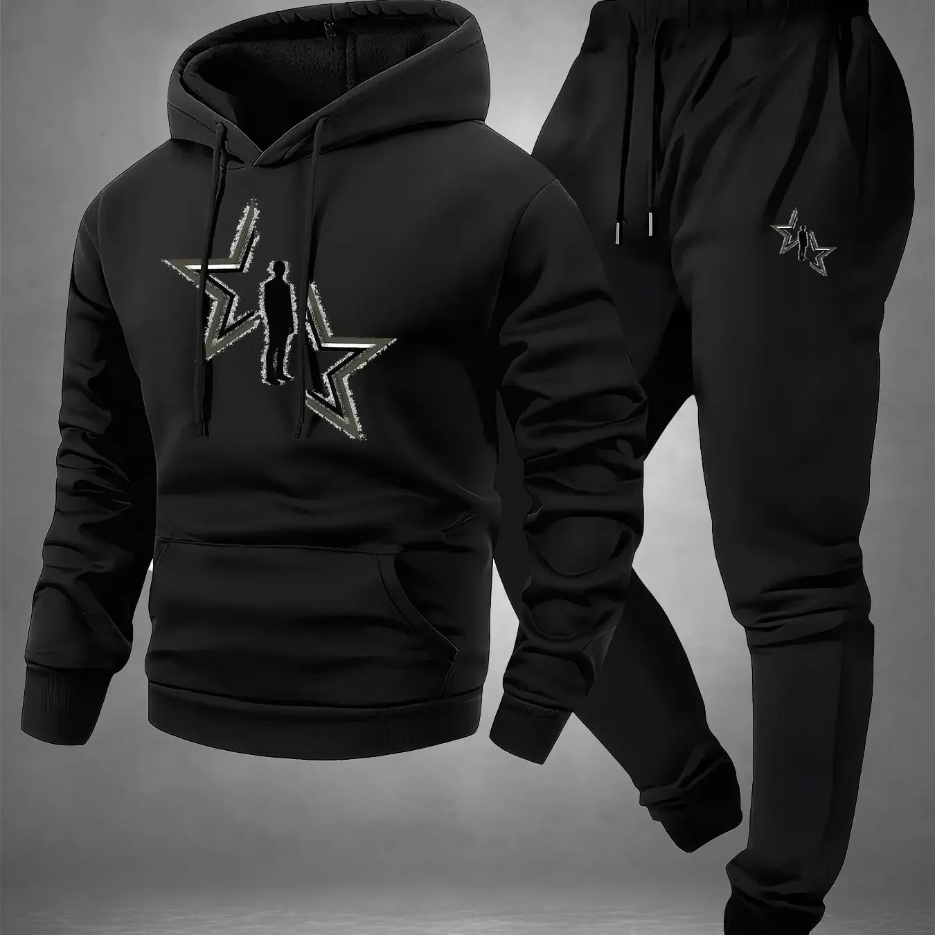 인터스텔라 실루엣 프린트, 2피스 남성용 캐주얼 폴리에스터 풀오버 및 스웨트팬츠 세트, 후드가 있는 긴 소매 풀오버