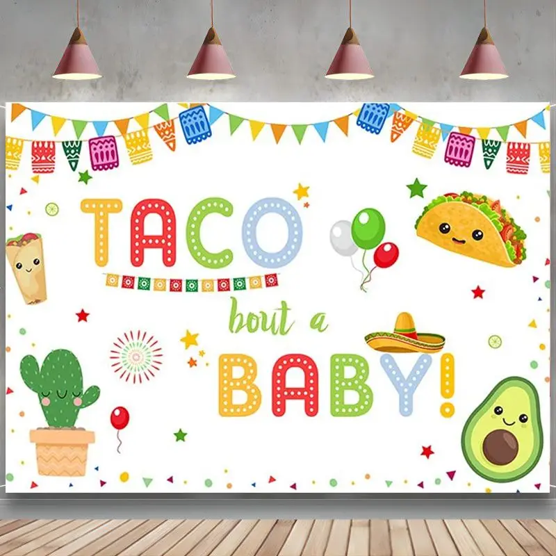 Mexican Taco Baby Shower Backdrop Green Cactus Sandwich Cowboy Hat Colorful Flags Photo Background Boy or Girl Party Banner Prop