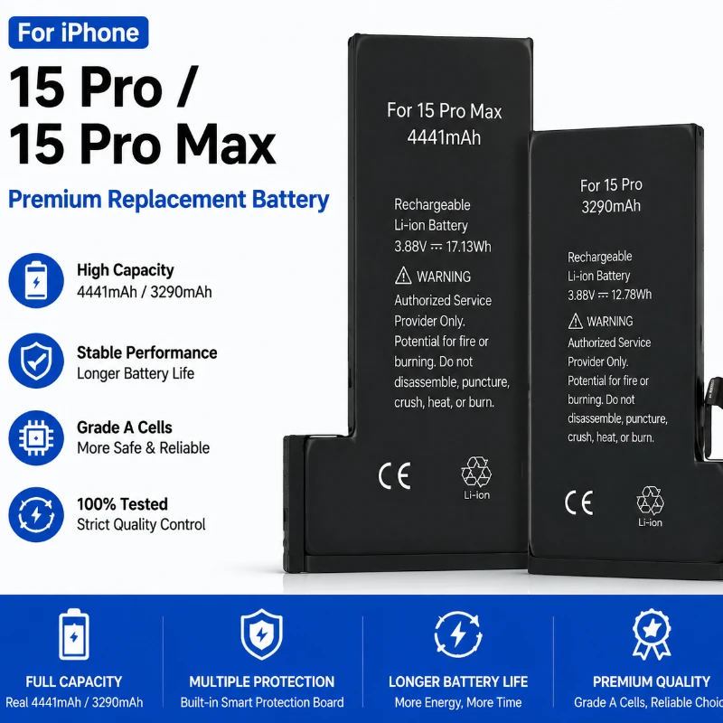 4441mAh Large Capacity Phone Battery for Apple 15 Pro Max LLA US Version Extended Replacement Battery