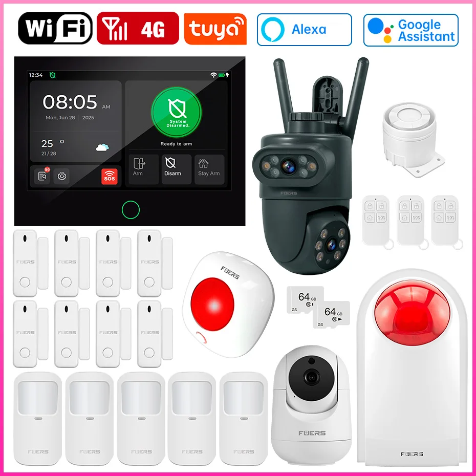 FUERS 7-дюймовый экран 4G LTE Tuya Умная домашняя охранная сигнализация GSM Wi-Fi Беспроводная домашняя охранная сигнализация IP-камера