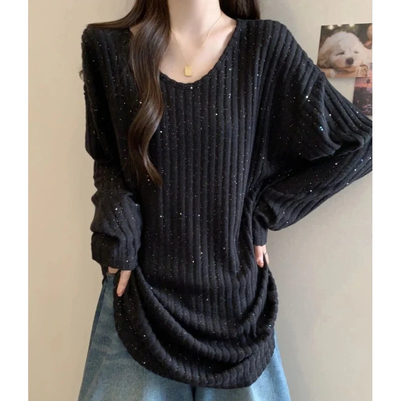 

V Neck Simplicity Youth High Street Tops Tees Spring Autumn New Women Clothing Long Sleeve Korean Loose T Shirts Fashion Casual