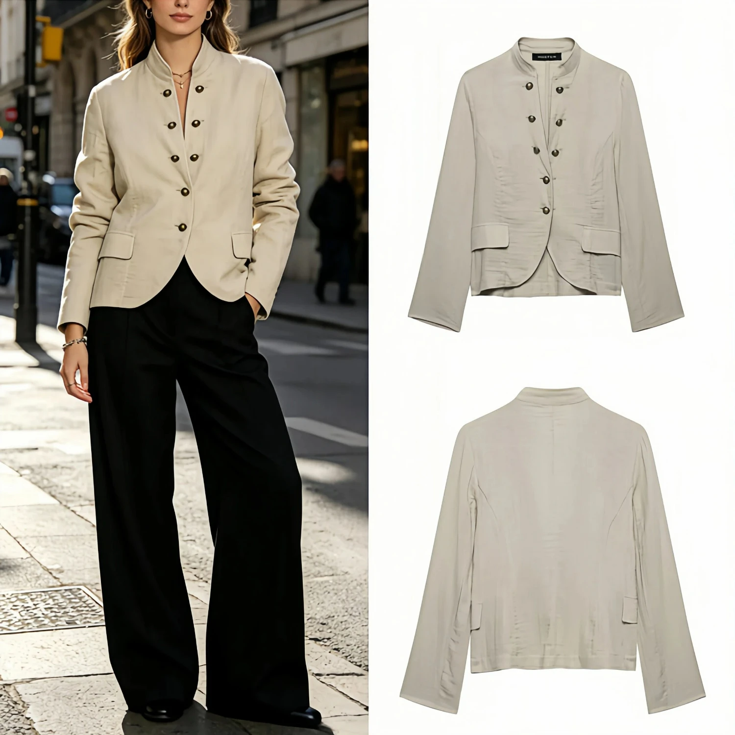2026 Spring Round Neck Blazer Coats Women Long Sleeve Metal Buttons Casual Streetwear Outerwear Fashion Chic Jacket