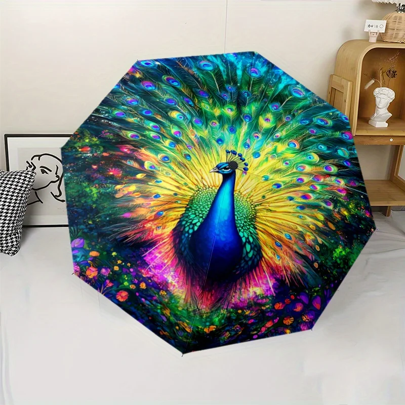 

1 шт. Разноцветный автоматический складной зонт с узором из перьев петуха, 8 спиц, пластиковая ручка, ветрозащитный, портативный, солнцезащитный, размер S