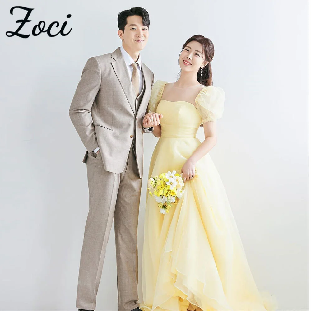 

Zoci Princess Yellow Korea Wedding Dresses Organza Short Puff Sleeve Photo Shoot Dress Customized Sweetheart Bridal Party Gown