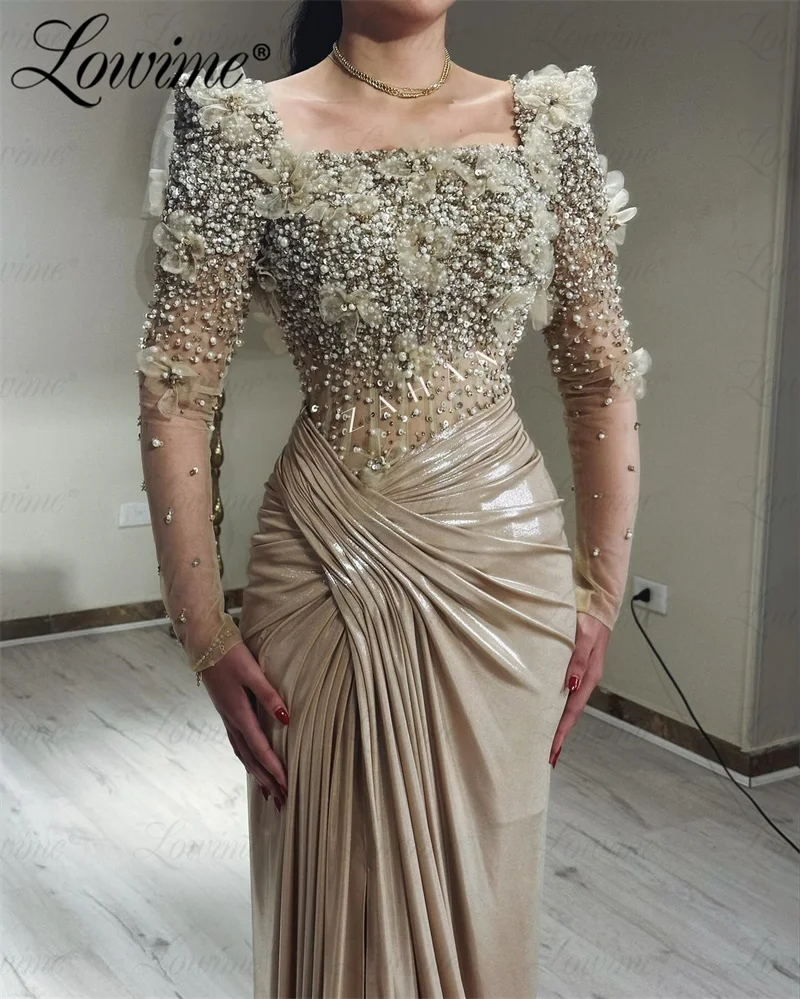 Customized 2025 Champagne Prom Dresses Long Sleeves A Line Handmade Flower Beading Crystals Evening Dress Engagement Party Gowns