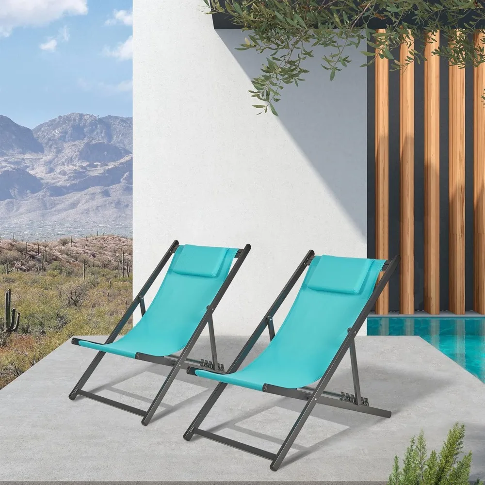 

Outdoor Reclining Lounge Chairs Set of 2 Patio Sling Chairs Adjustable Folding Desk Chairs with Aluminum Frames and Cushioned H