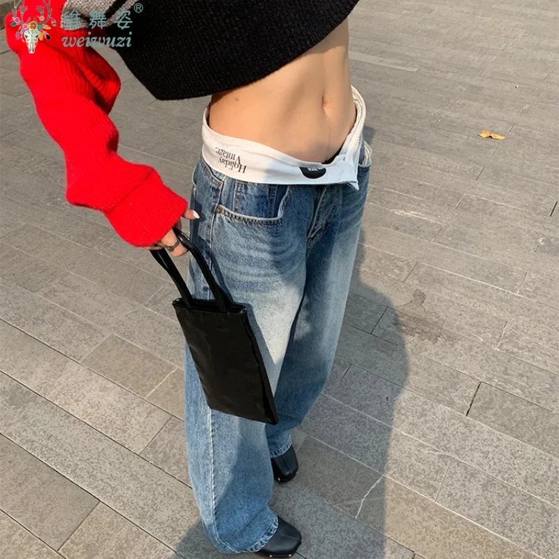 Pantalones vaqueros Vintage Y2k holgados para mujer, ropa de calle Kpop Gyaru, pantalones vaqueros azules anchos, moda coreana Harajuku, pantalones de cintura alta con giro