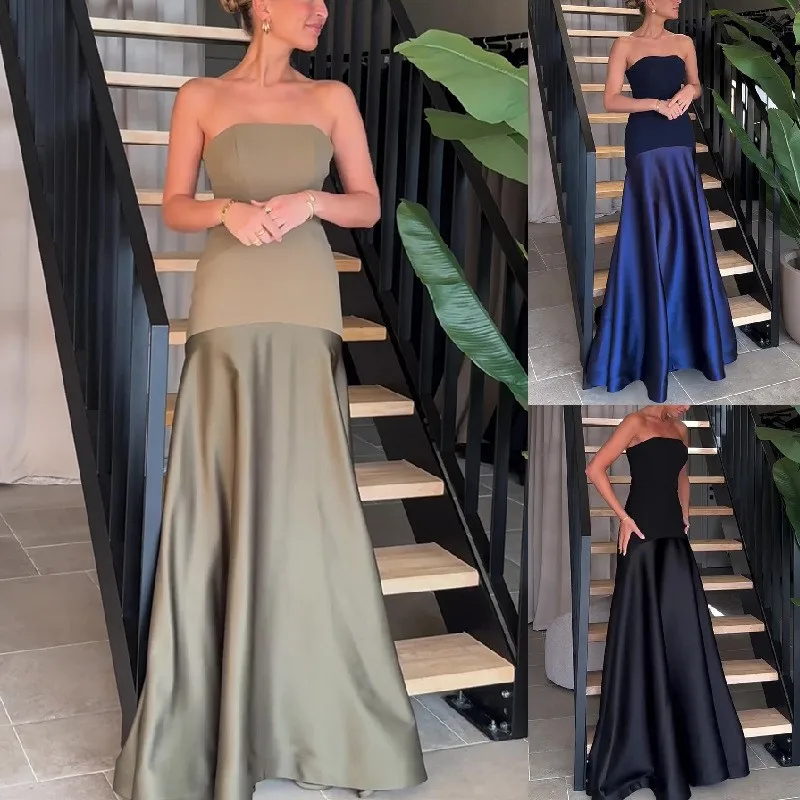 Sexy Strapless Satin Dress For Women New Summer Style Sleeveless Solid Color Splice Maxi Dress Vestidos De Fiesta Elegantes