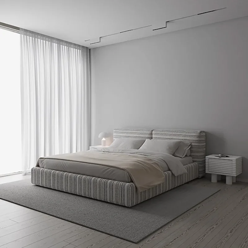 Fabric Striped Bed Square Minimalist Soft Bed Bedroom Furniture Customizable