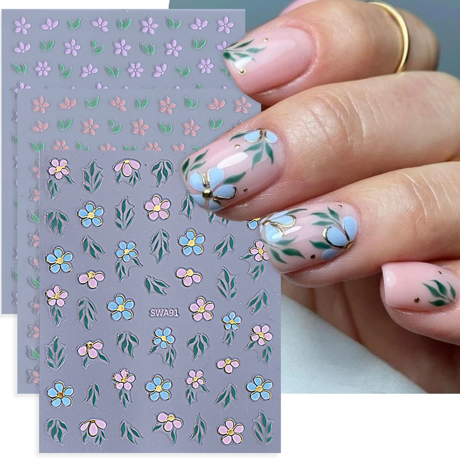 Colorful Flowers Nail Sticker 3D Gold Line Daisy PetalsLeaf Slider Nail Decals DIY Spring Summer Holographic Manicure Decoration