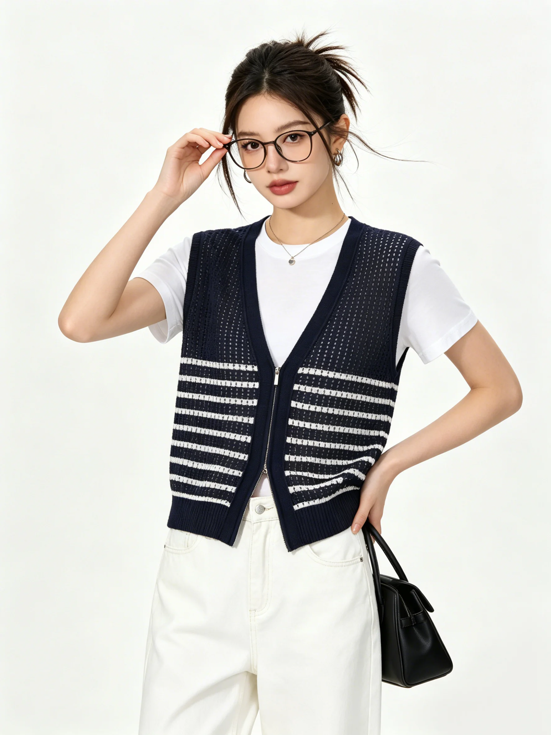 

Fashionable Striped Knitted Vest And T-Shirt Set Short Sleeve round Neck Summer Breathable Casual Wear for Women College Styl...